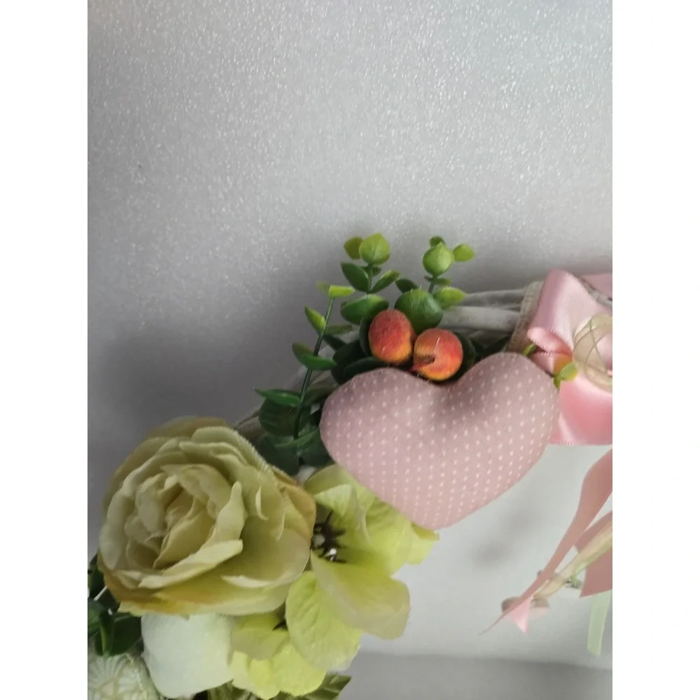 Handmade Door Wreath Love Birds Soft Pink Green Spring Time Floral Wreath 15